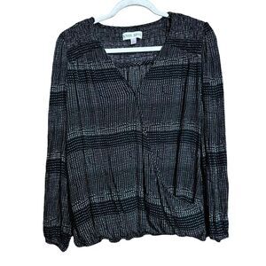 Knox Rose Top Womens Large Black White Print Surplice Rayon Blouse